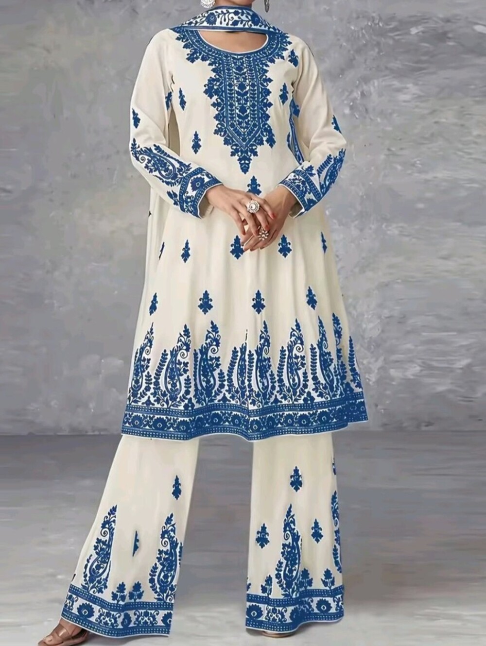 Women's Plus Size Off White And Black Printed Three Piece Set